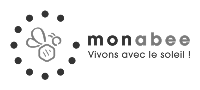 Logo Monabee : abeille stylisée entourée de points, texte "monabee Vivons avec le soleil !