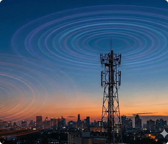 Antenne de télécommunication LoRa 868MHz et 2.4GHz avec ville en arrière-plan.