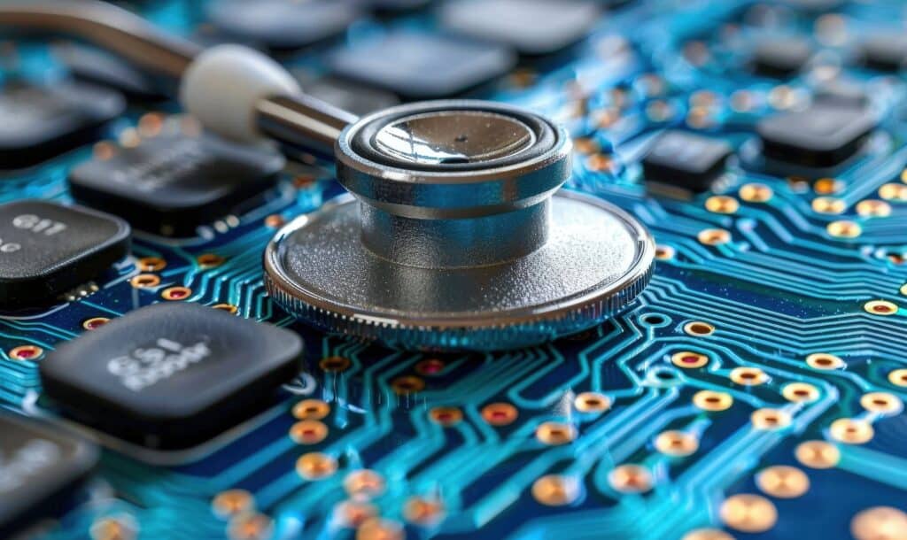 Stéthoscope sur un circuit imprimé bleu, symbolisant l'électronique dans les dispositifs médicaux.