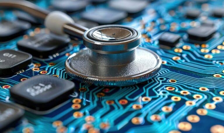 Stéthoscope sur un circuit imprimé bleu, symbolisant l'électronique dans les dispositifs médicaux.