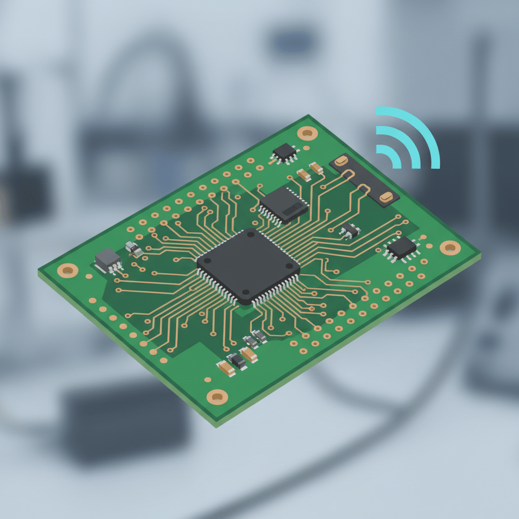 Carte de circuit imprimé avec puce, composants électroniques et symbole Wi-Fi. Connectivité sans fil.