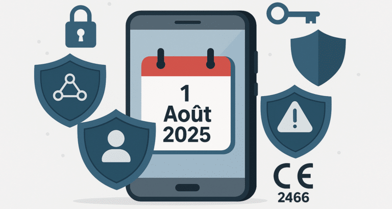 Smartphone avec date 1 Août 2025 entouré de symboles de sécurité. Certification RED DA.