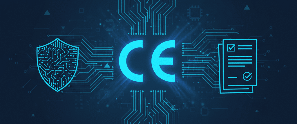 Marquage CE : Bouclier, texte CE et liste de contrôle sur fond de circuit électronique.