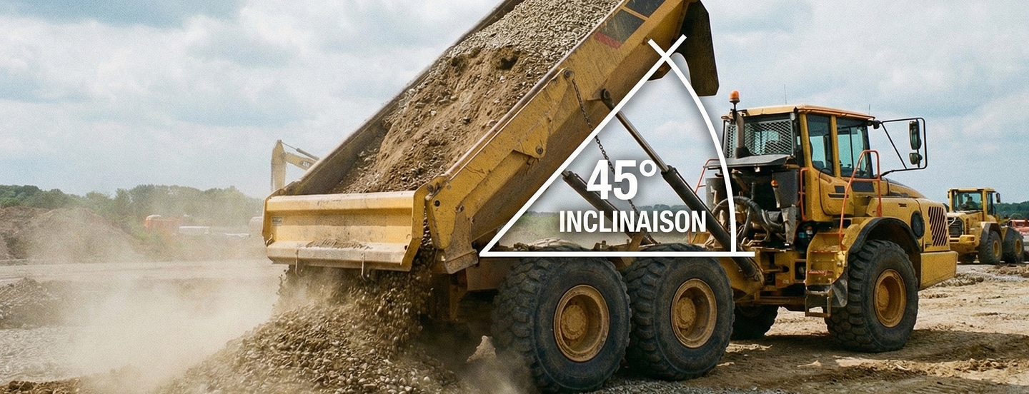 Camion benne jaune déchargeant du gravier avec une inclinaison de 45 degrés.