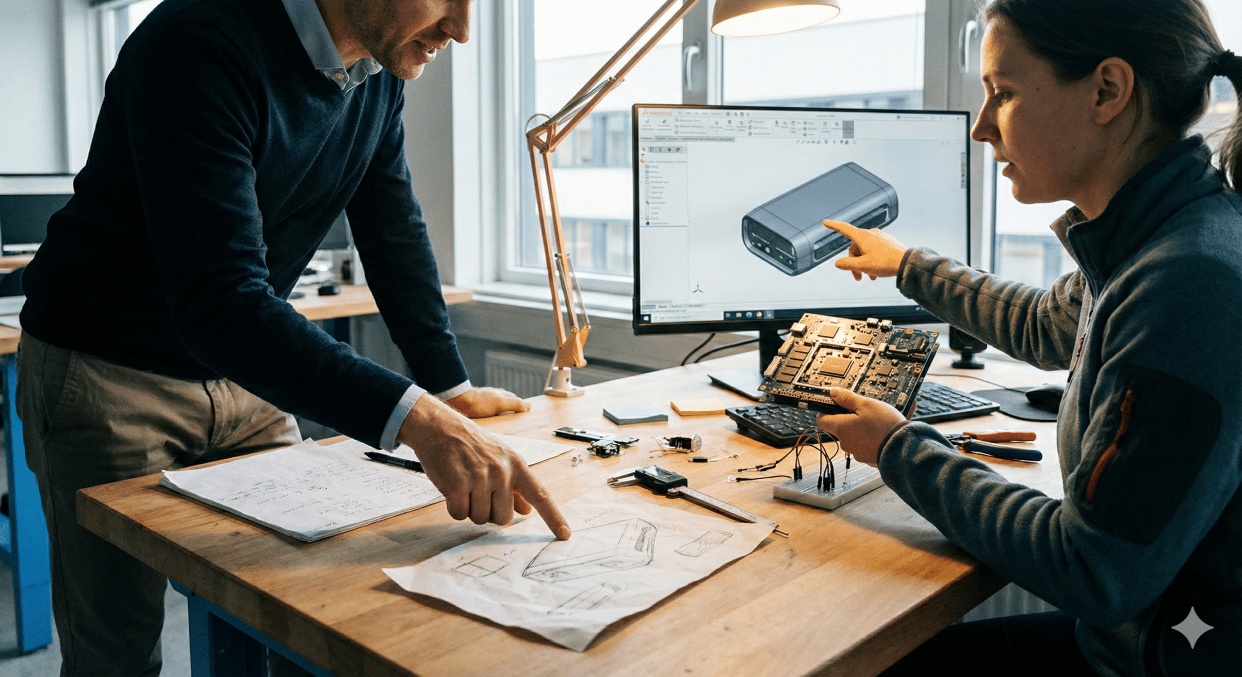 Conception et développement : ingénieurs travaillant sur la conception d'un appareil électronique.