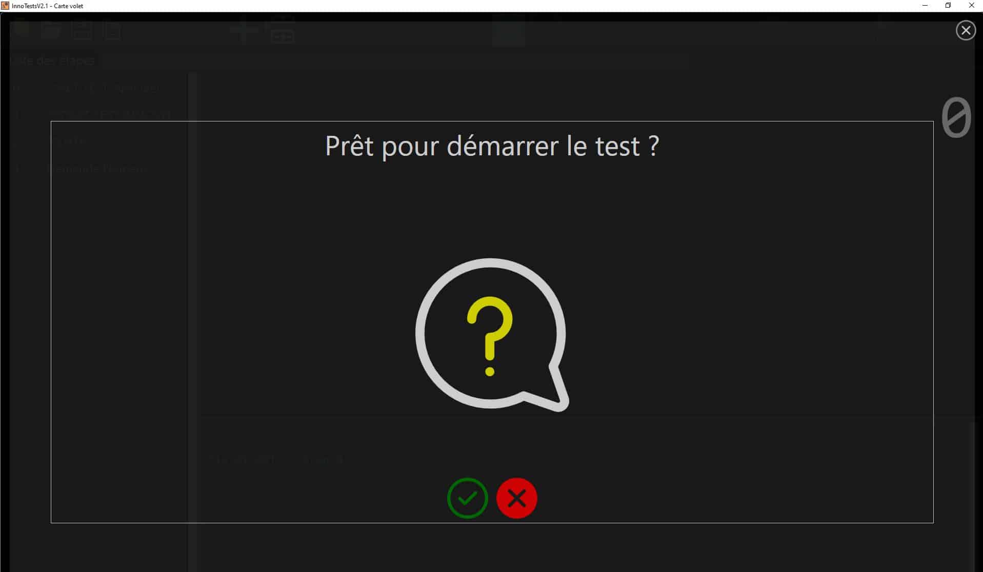 Fenêtre de test Innotest : "Prêt pour démarrer le test ?" avec icône de point d'interrogation.