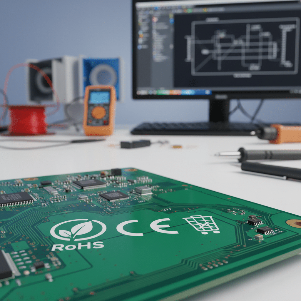 Carte de circuit imprimé verte avec les logos RoHS et CE. Normalisation & certifications.