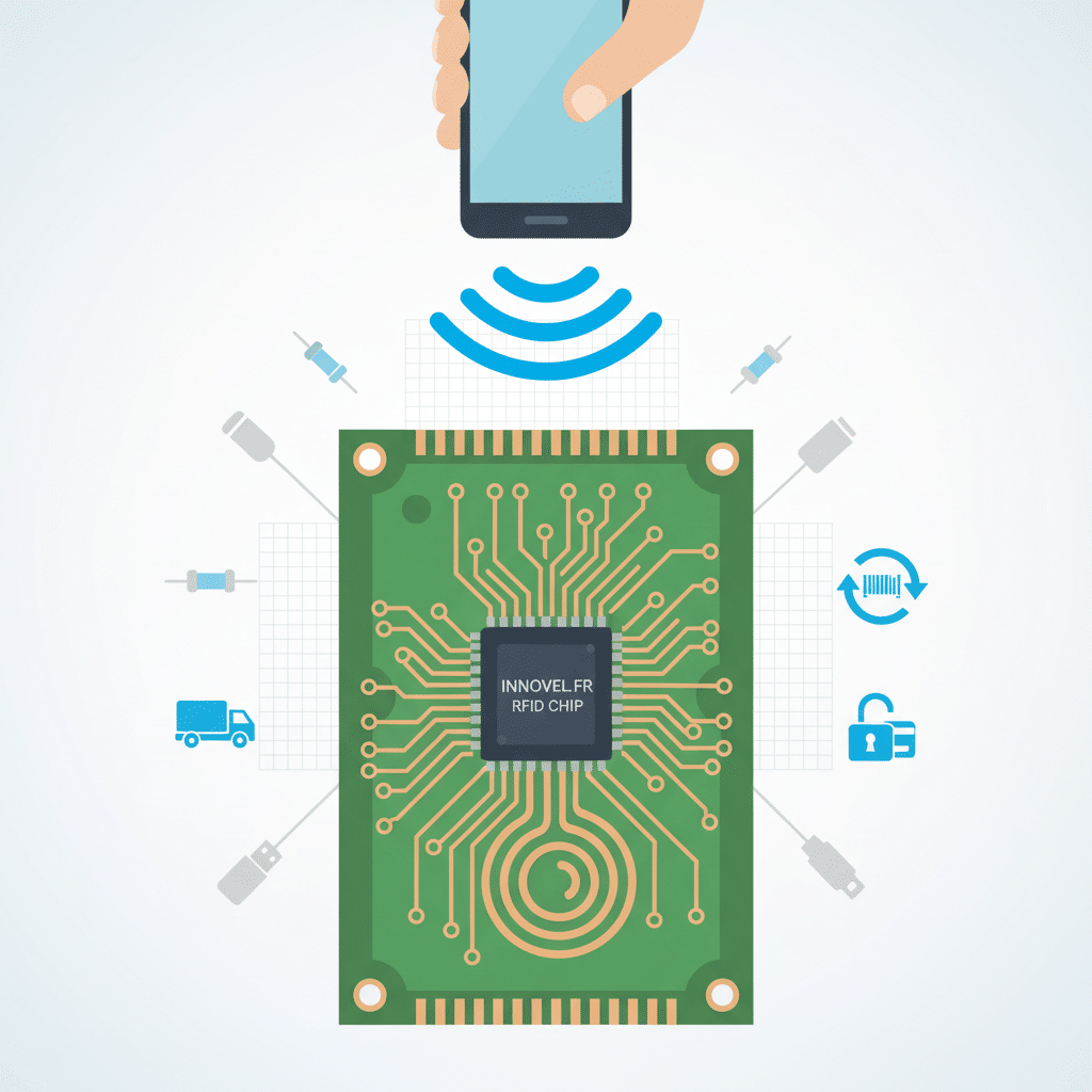 Schéma d'une puce RFID Innovel FR avec un smartphone et des icônes. NFC et RFID.