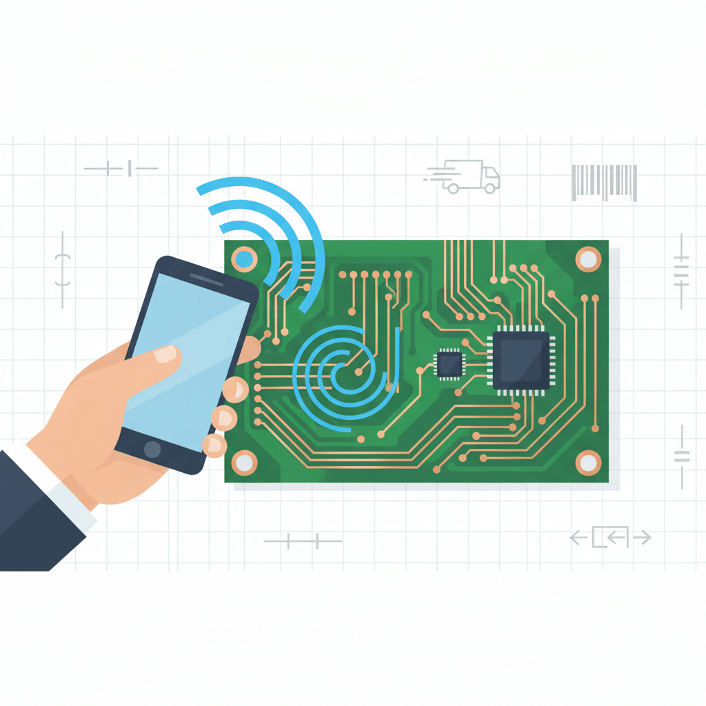 Smartphone NFC connectant une carte de circuit imprimé. Technologie RFID et communication sans fil.