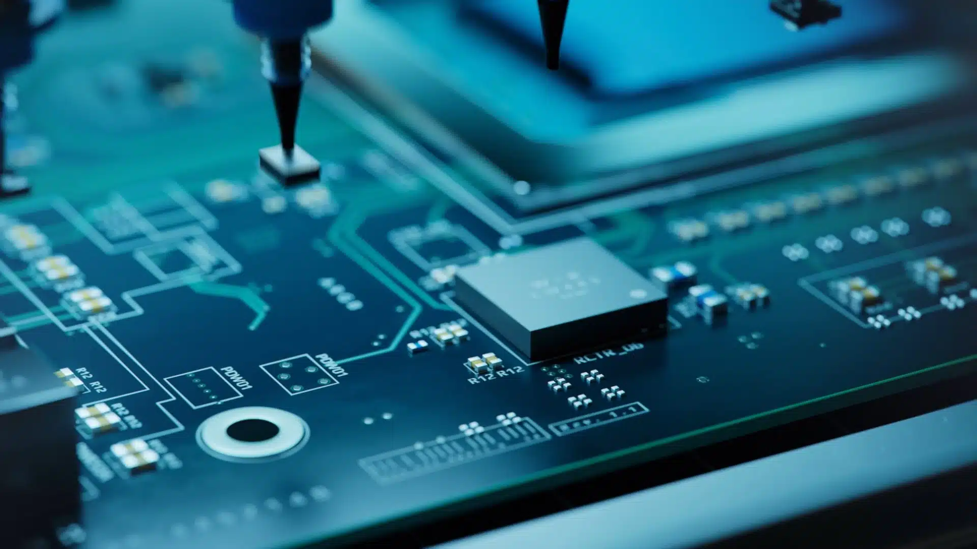 Carte de circuit imprimé complexe avec composants électroniques détaillés.