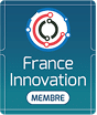 Logo France Innovation Membre, cercle rouge et noir sur fond bleu