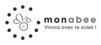 Logo Monabee : abeille stylisée entourée de points, texte "monabee Vivons avec le soleil !