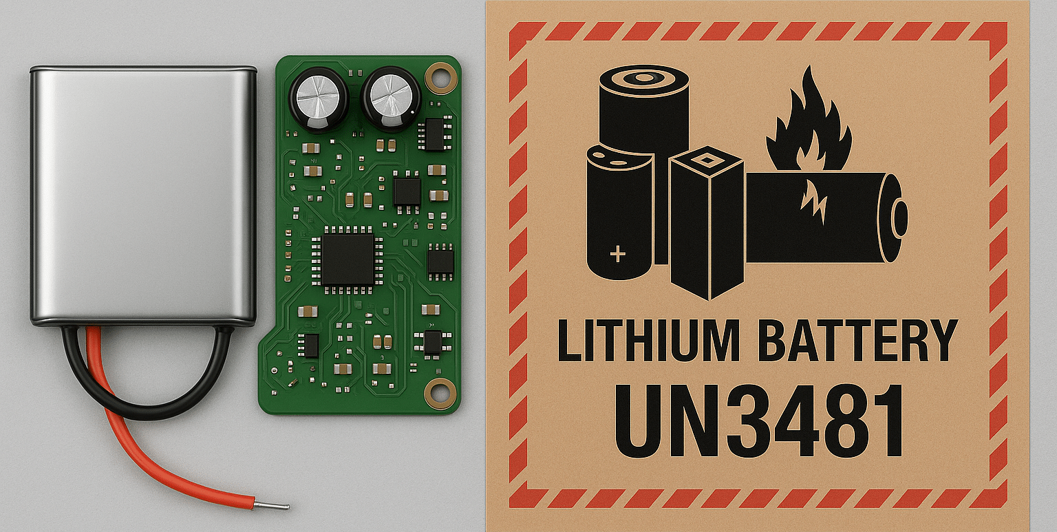 Carte électronique avec batterie au lithium et étiquette UN3481. Expédition de batteries lithium.
