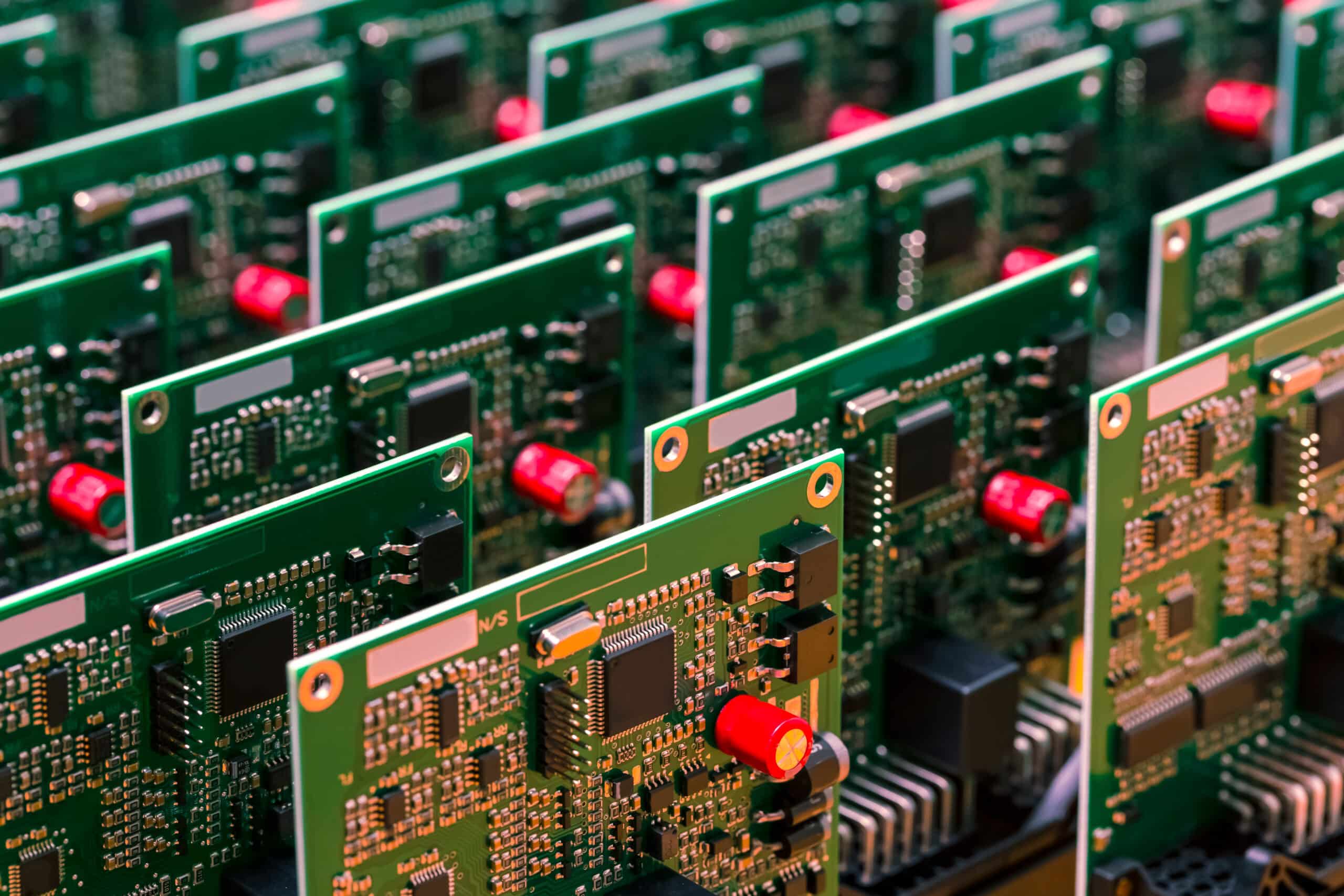 Circuits imprimés électroniques verts avec composants. Technologie, fabrication, matériel informatique.