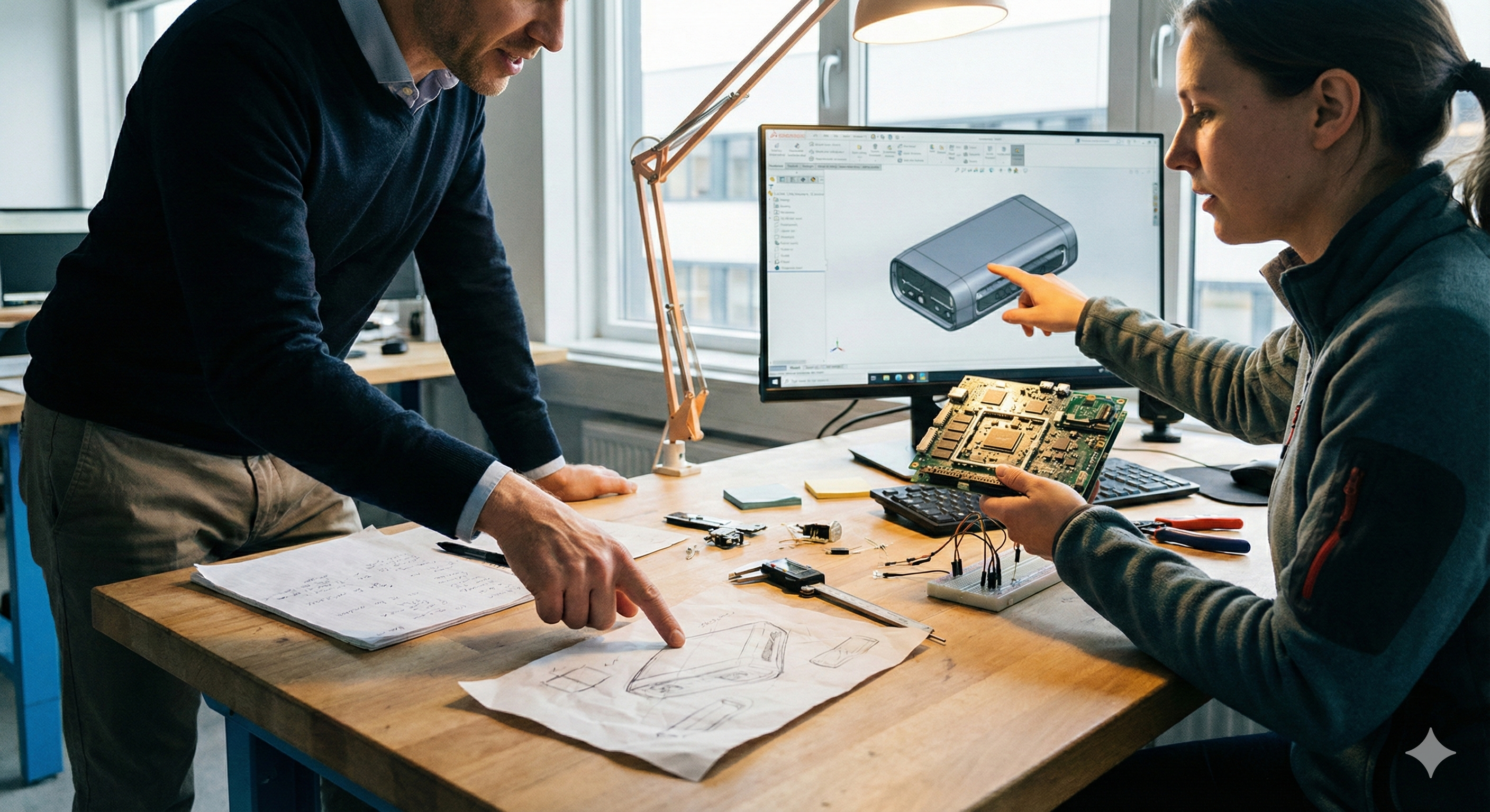 Conception et développement : ingénieurs travaillant sur la conception d'un appareil électronique.