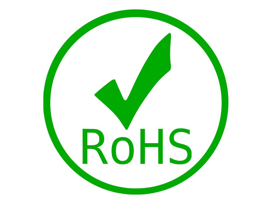Logo RoHS vert avec coche, signifiant conformité aux normes de restriction des substances dangereuses.