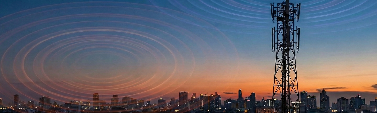 Tour de télécommunications avec des ondes au-dessus d'une ville au coucher du soleil. LoraWan.