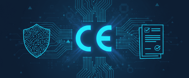 Marquage CE : Bouclier, texte CE et liste de contrôle sur fond de circuit électronique.