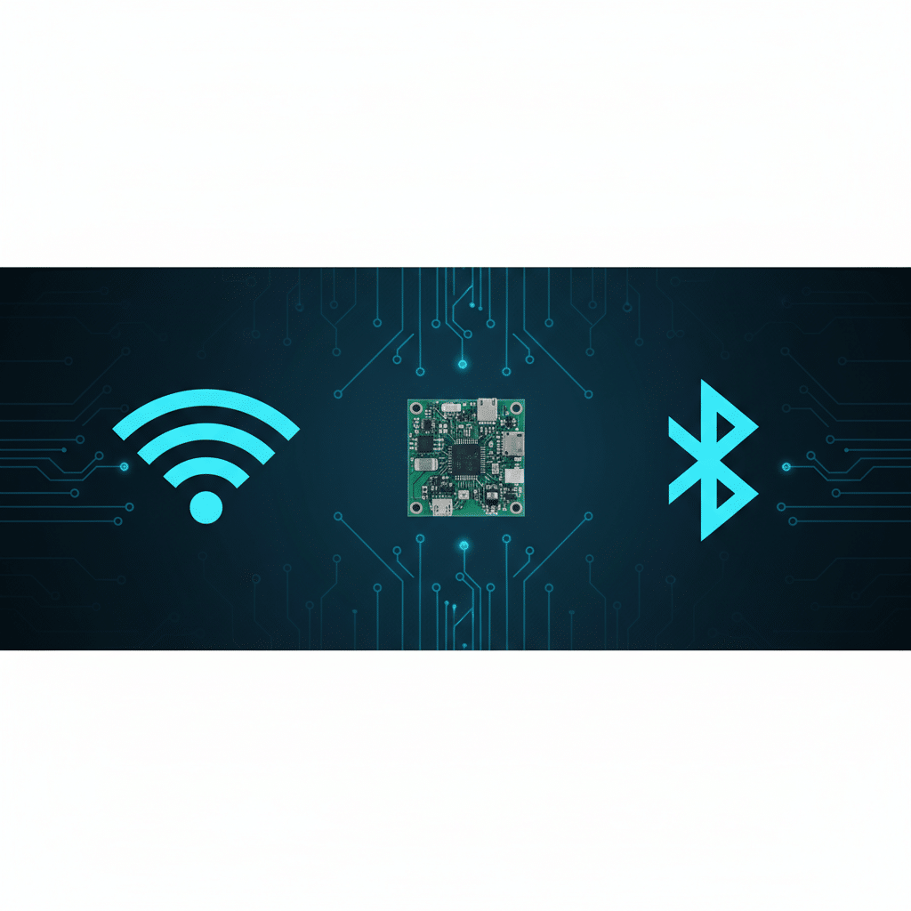 Module électronique avec Wi-Fi et Bluetooth, connecté par des circuits bleus sur fond noir.