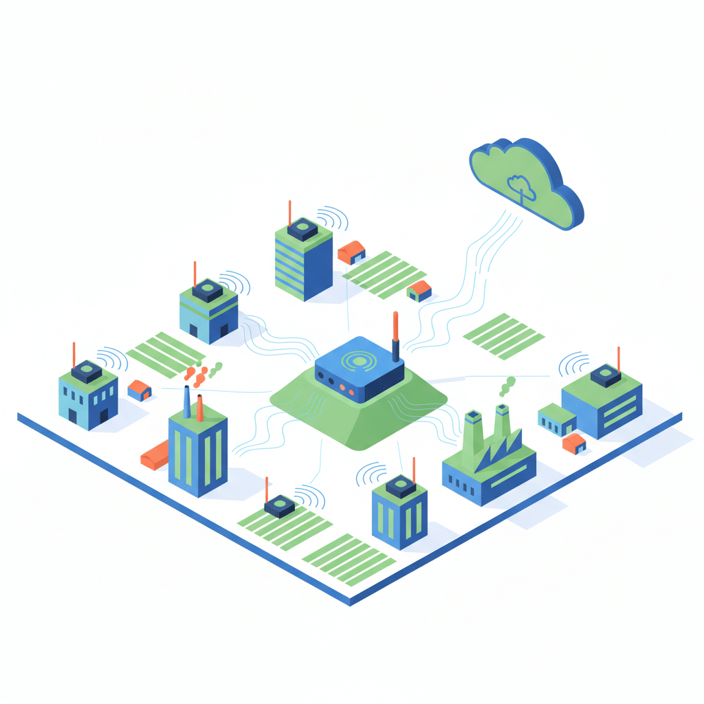 Schéma isométrique de réseau LoRa/LoRaWAN reliant bâtiments, champs et cloud. Technologie IoT et connectivité.