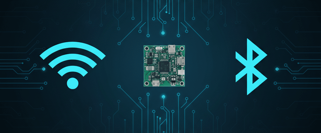 Module électronique avec Wi-Fi et Bluetooth, connecté par des circuits bleus sur fond noir.