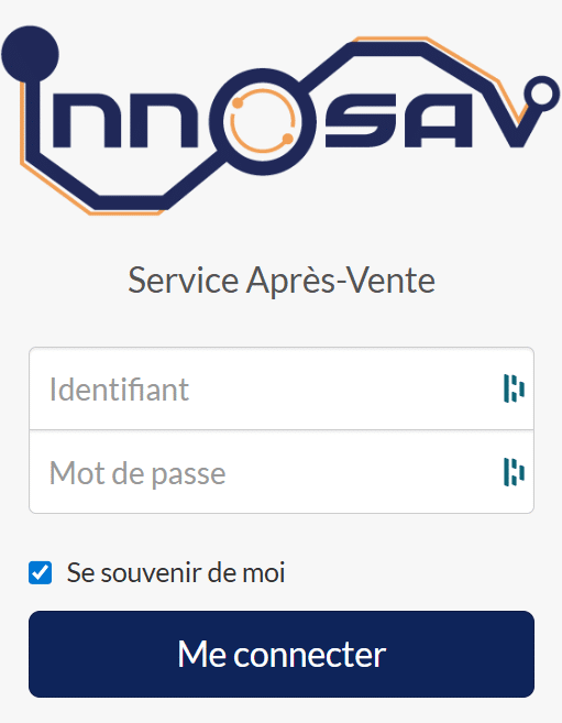 Écran de connexion Service Après-Vente InnoSAV : Identifiant, mot de passe, "Se souvenir de moi" et bouton "Me connecter".