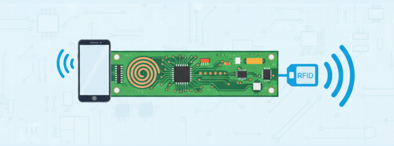 NFC et RFID: Smartphone communiquant avec une carte électronique via les ondes radio. Technologie sans contact.