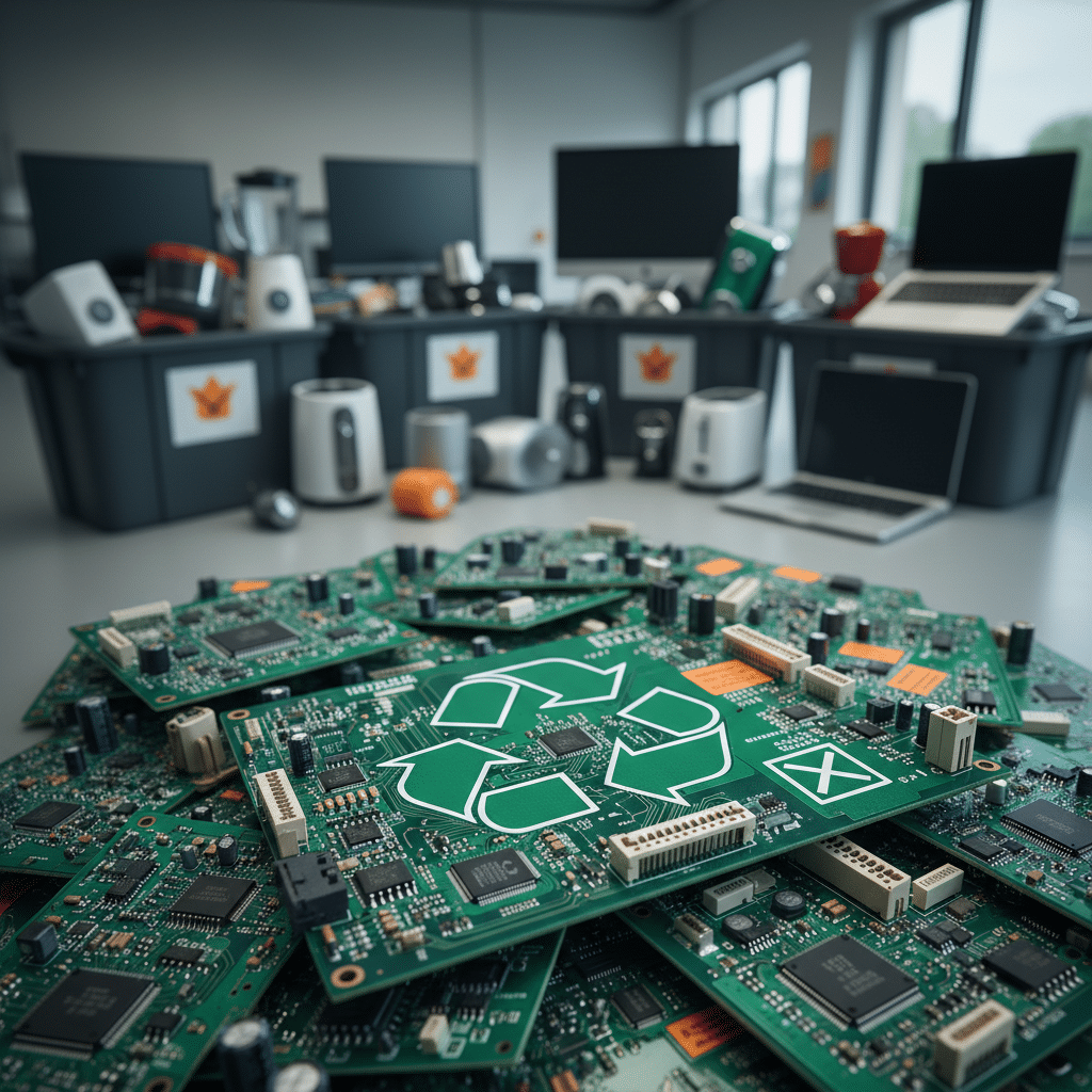 Recyclage de cartes électroniques avec symbole de recyclage vert.